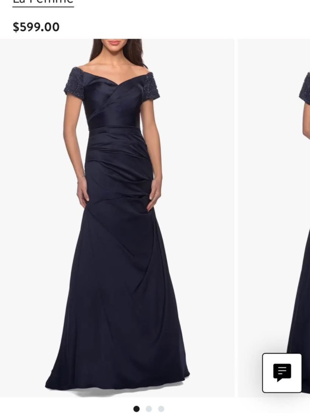 La Femme Navy Off-Shoulder Beaded Sleeve Maxi Gown
